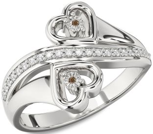 Chocolate Brown Diamond Silver Heart Two Stone Ring