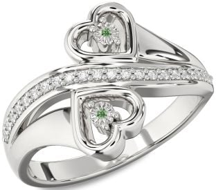 Green Diamond Silver Heart Two Stone Ring