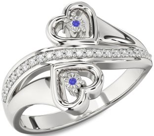 Diamond Tanzanite Silver Heart Two Stone Ring