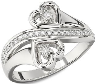 Diamond White Sapphire Silver Heart Two Stone Ring
