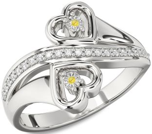 Yellow Diamond Silver Heart Two Stone Ring