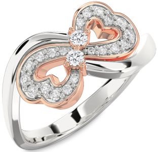 Diamond Silver & 10K Rose Gold Infinity Heart Round Two Stone Ring