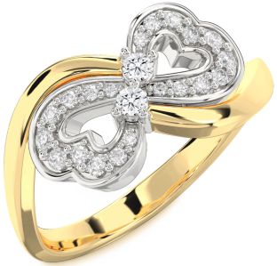Diamond White Yellow Gold Infinity Heart Round Two Stone Ring