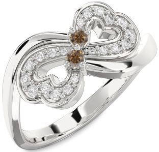 Chocolate Brown Diamond Silver Infinity Heart Two Stone Ring