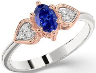 Diamond Blue Sapphire Silver & 10K Rose Gold Heart Engagement Ring