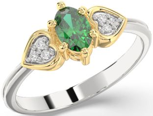 Diamond Emerald Silver & 10K gold Heart Engagement Ring