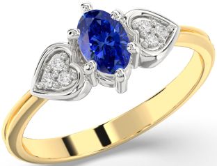 Diamond Blue Sapphire White Yellow Gold Heart Engagement Ring