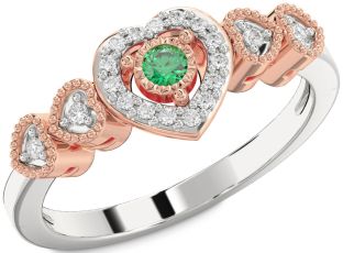 Diamond Emerald White Rose Gold Heart Round Promise Ring