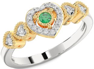 Diamond Emerald Silver & 10K gold Heart Round Promise Ring