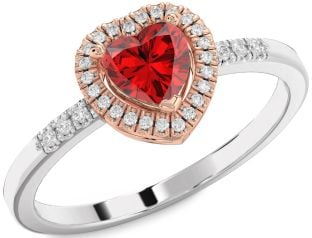 Diamond Ruby White Rose Gold Heart Halo Solitaire Engagement Ring