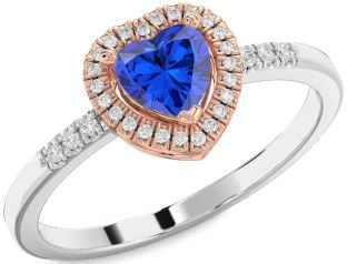 Diamond Blue Sapphire White Rose Gold Heart Halo Engagement Ring