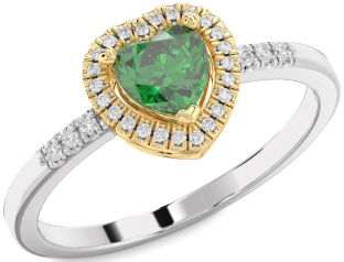 Diamond Emerald Silver & 10K gold Heart Halo Solitaire Engagement Ring