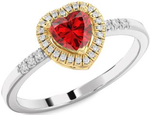 Diamond Ruby Silver & 10K gold Heart Halo Solitaire Engagement Ring
