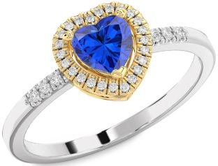 Diamond Blue Sapphire Gold Silver Heart Halo Engagement Ring