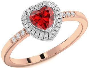 Diamond Ruby White Rose Gold Heart Halo Solitaire Engagement Ring