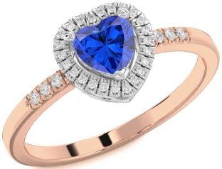 Diamond Blue Sapphire White Rose Gold Heart Halo Engagement Ring
