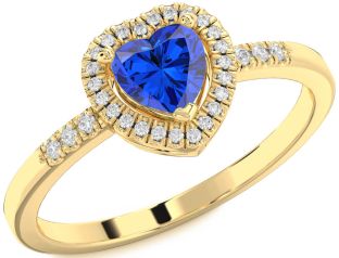 Diamond Blue Sapphire Gold Heart Halo Solitaire Engagement Ring