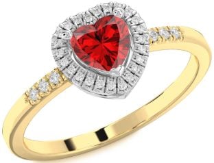 Diamond Ruby White Yellow Gold Heart Halo Solitaire Engagement Ring