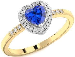 Diamond Blue Sapphire Gold Silver Heart Halo Engagement Ring