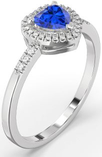 Diamond Blue Sapphire Platinum Heart Halo Engagement Ring
