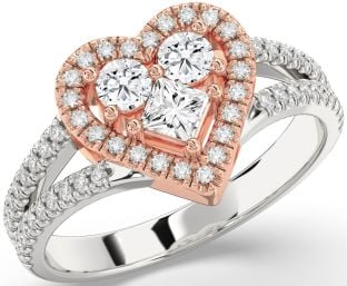 Diamond Silver & 10K Rose Gold Heart Princess Three Stone Ring