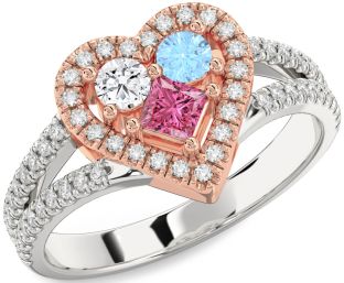 Diamond Silver & 10K Rose Gold Heart Three Stone Pave Mother's Ring