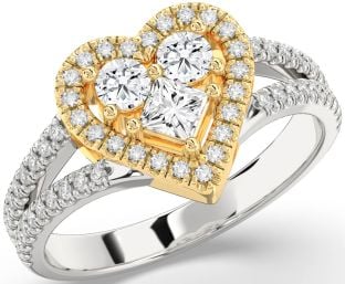 Diamond White Yellow Gold Heart Princess Three Stone Ring