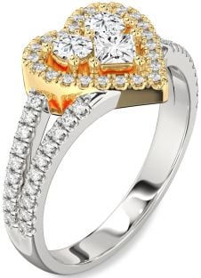 Diamond Silver & 10K gold Heart Three Stone Pave Ring