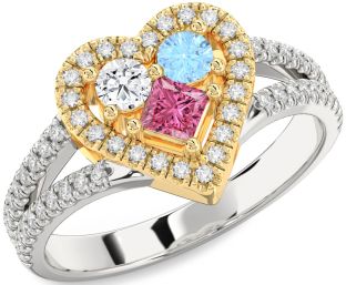 Diamond Silver & 10K gold Heart Three Stone Pave Mother's Ring