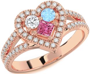 Diamond Rose Gold Heart Three Stone Pave Mother's Ring
