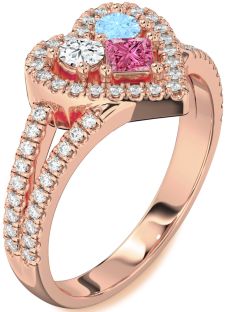 Diamond Rose Gold Silver Heart Three Stone Pave Mother's Ring