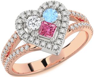 Diamond White Rose Gold Heart Three Stone Pave Mother's Ring