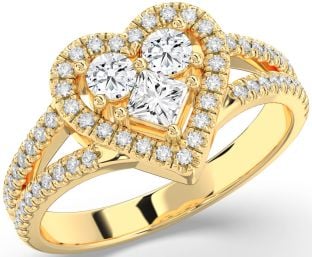 Diamond Gold Heart Princess Three Stone Ring