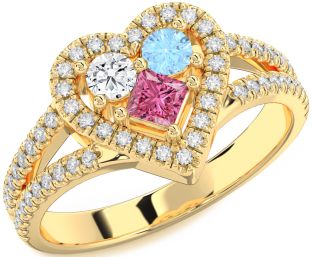 Diamond Gold Silver Heart Three Stone Pave Mother's Ring
