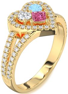 Diamond Gold Heart Three Stone Pave Mother's Ring