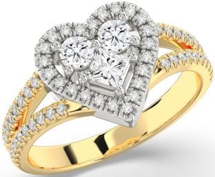 Diamond White Yellow Gold Heart Princess Three Stone Ring