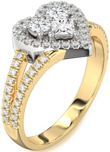 Diamond White Yellow Gold Heart Three Stone Pave Ring