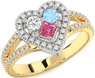 Diamond Gold Silver Heart Three Stone Pave Mother's Ring