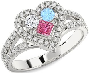 Diamond Platinum Heart Three Stone Pave Mother's Ring