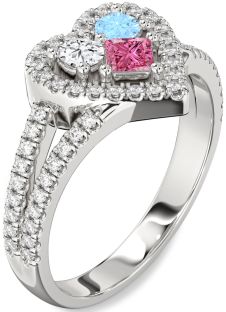 Diamond Platinum Heart Three Stone Pave Mother's Ring