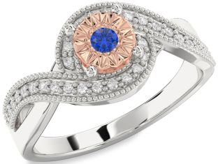 Diamond Blue Sapphire Silver & 10K Rose Gold Round Promise Ring