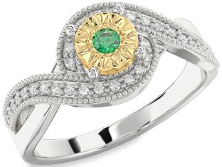 Diamond Emerald Silver & 10K gold Round Promise Ring