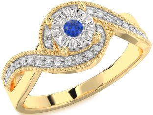 Diamond Blue Sapphire White Yellow Gold Round Promise Ring
