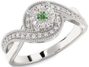 Green Diamond Silver Round Promise Ring