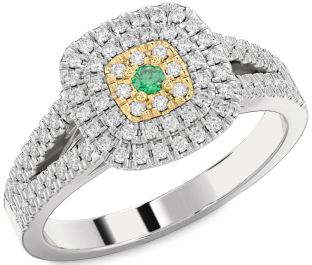 Diamond Emerald Silver & 10K gold Round Promise Ring