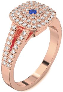 Diamond Blue Sapphire Rose Gold Halo Round Pave Promise Ring