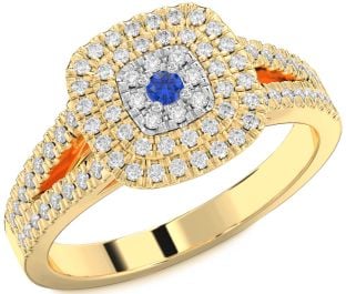 Diamond Blue Sapphire White Yellow Gold Halo Round Pave Promise Ring