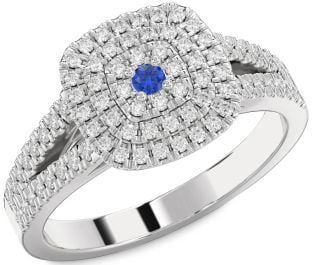 Diamond Blue Sapphire Platinum Halo Round Pave Promise Ring