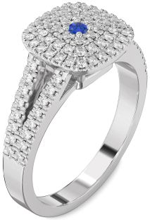 Diamond Blue Sapphire Platinum Halo Round Pave Promise Ring