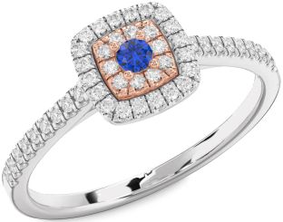 Diamond Blue Sapphire Platinum & Rose Gold Halo Round Pave Promise Ring